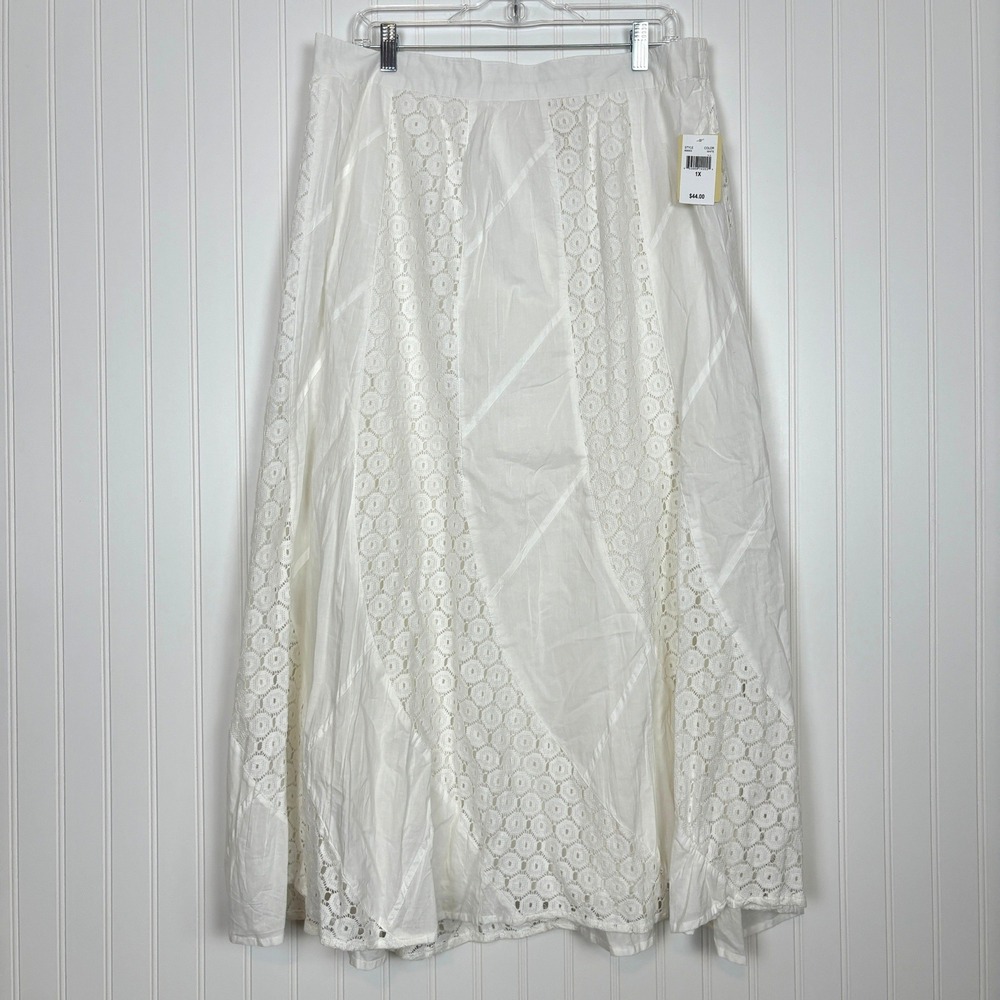 Studio West Maxi Skirt Womens 1X White Cotton Eyelet Lace Boho Cottagecore